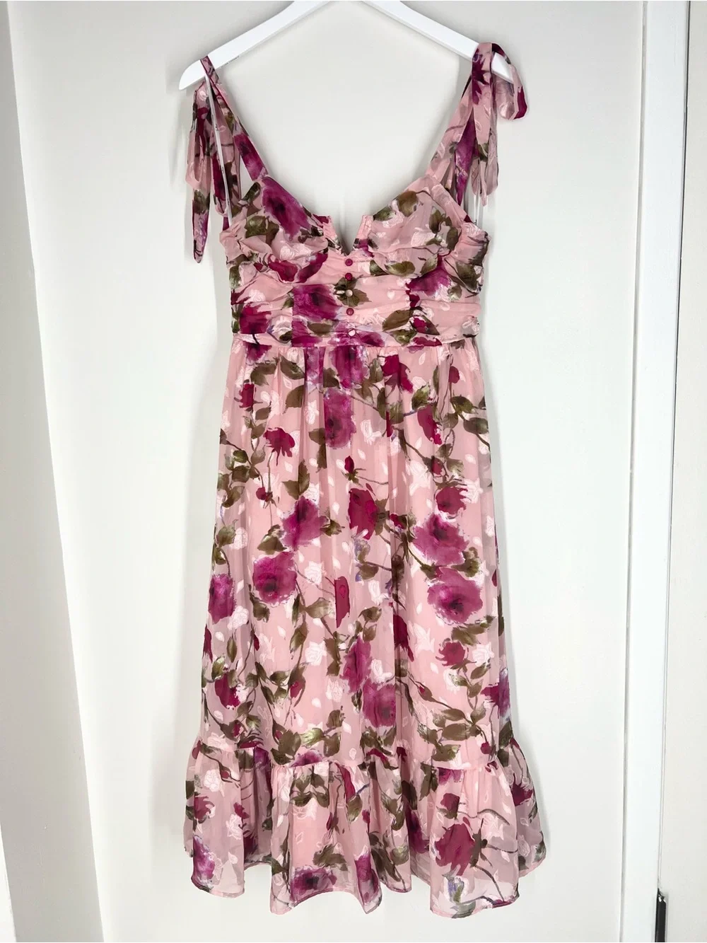 Lulu’s Pink Floral Tie-Shoulder Midi Dress - Picture 7 of 14